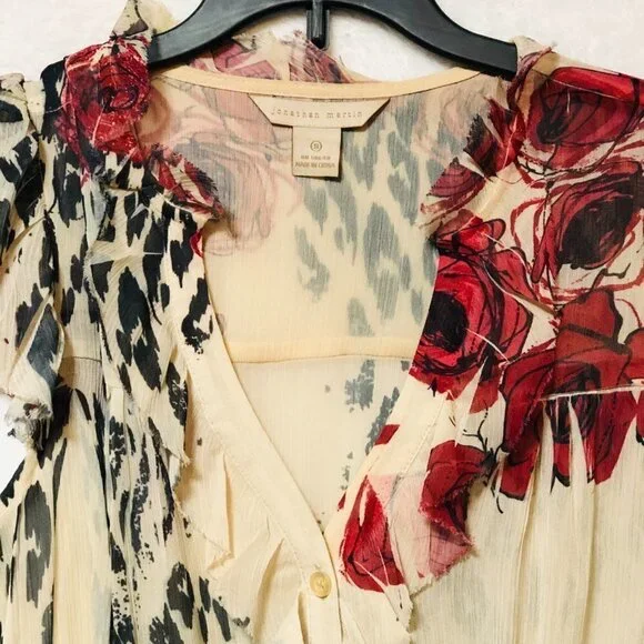 Jonathan Martin Floral and Cheetah Sheer Ruffle Button Down Blouse Size Small - Picture 3 of 7